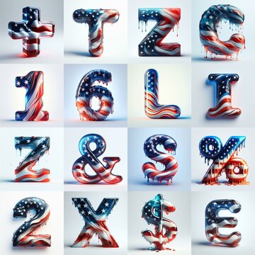 glass letters in color USA flag 3D Lettering Typeface. AI generated illustration
