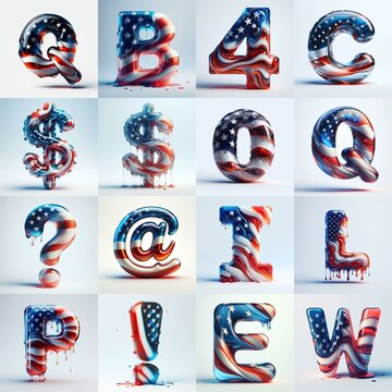 glass letters in color USA flag 3D Lettering Typeface. AI generated illustration