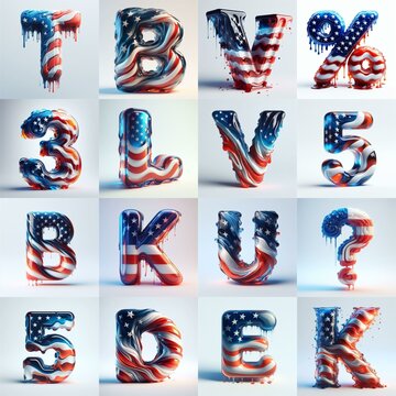 glass letters in color USA flag 3D Lettering Typeface. AI generated illustration