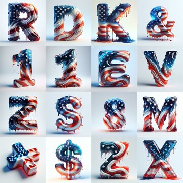 glass letters in color USA flag 3D Lettering Typeface. AI generated illustration