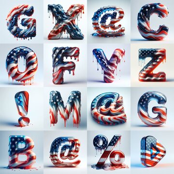 glass letters in color USA flag 3D Lettering Typeface. AI generated illustration