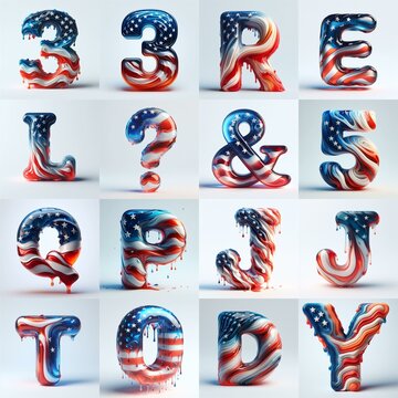 glass letters in color USA flag 3D Lettering Typeface. AI generated illustration