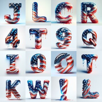 glass letters in color USA flag 3D Lettering Typeface. AI generated illustration