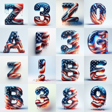 glass letters in color USA flag 3D Lettering Typeface. AI generated illustration