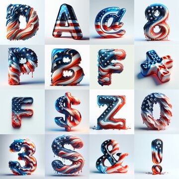 glass letters in color USA flag 3D Lettering Typeface. AI generated illustration