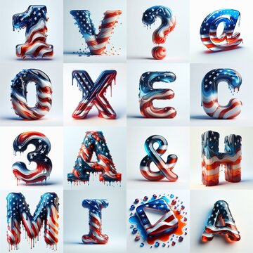 glass letters in color USA flag 3D Lettering Typeface. AI generated illustration
