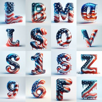 glass letters in color USA flag 3D Lettering Typeface. AI generated illustration