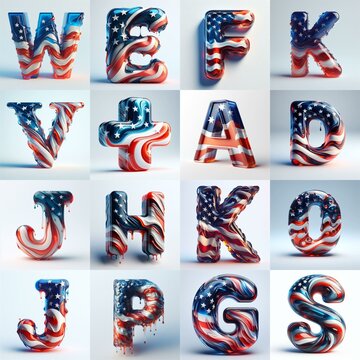 glass letters in color USA flag 3D Lettering Typeface. AI generated illustration