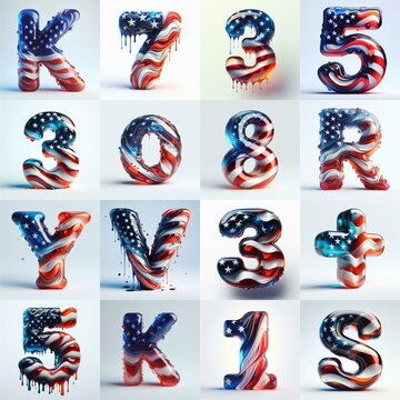 glass letters in color USA flag 3D Lettering Typeface. AI generated illustration