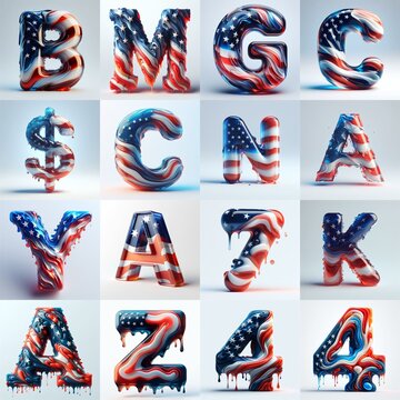 glass letters in color USA flag 3D Lettering Typeface. AI generated illustration