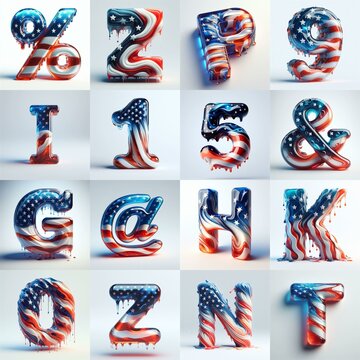 glass letters in color USA flag 3D Lettering Typeface. AI generated illustration