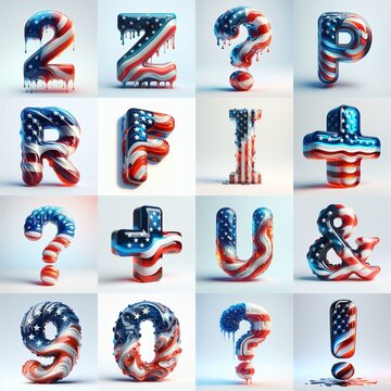 glass letters in color USA flag 3D Lettering Typeface. AI generated illustration