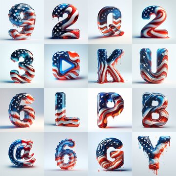 glass letters in color USA flag 3D Lettering Typeface. AI generated illustration