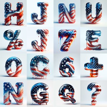 glass letters in color USA flag 3D Lettering Typeface. AI generated illustration
