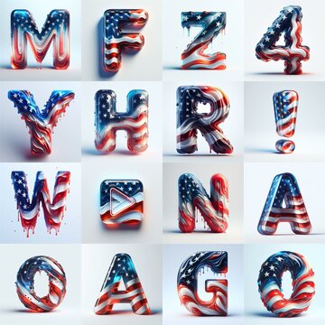 glass letters in color USA flag 3D Lettering Typeface. AI generated illustration