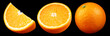 Orange isolated on black. Whole orange with half and slice on black background. Orang fruit collection with slice. Clipping path. Full depth of field.