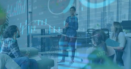 Poster - Animation of financial data processing over diverse business people in office
