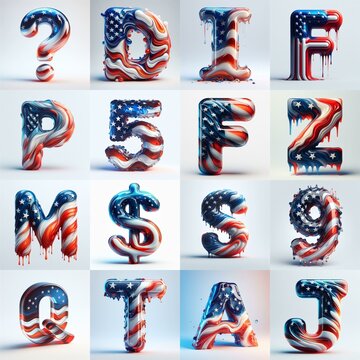 glass letters in color USA flag 3D Lettering Typeface. AI generated illustration