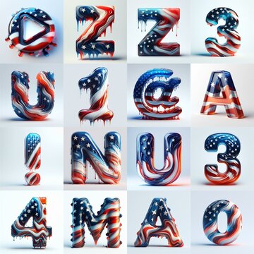 glass letters in color USA flag 3D Lettering Typeface. AI generated illustration