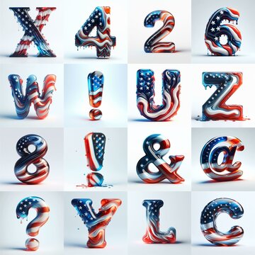 glass letters in color USA flag 3D Lettering Typeface. AI generated illustration