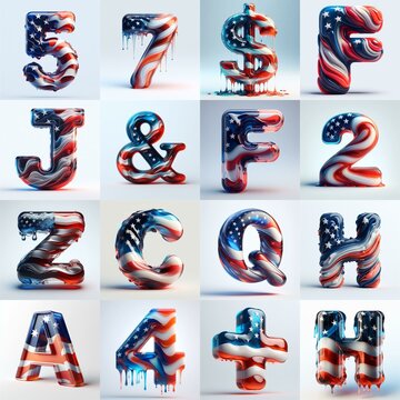 glass letters in color USA flag 3D Lettering Typeface. AI generated illustration