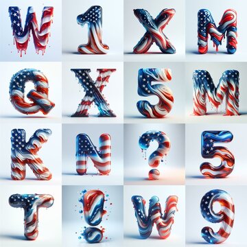 glass letters in color USA flag 3D Lettering Typeface. AI generated illustration