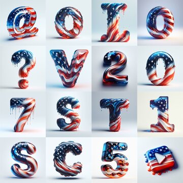 glass letters in color USA flag 3D Lettering Typeface. AI generated illustration