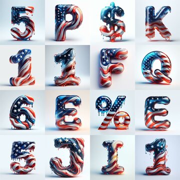glass letters in color USA flag 3D Lettering Typeface. AI generated illustration