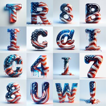 glass letters in color USA flag 3D Lettering Typeface. AI generated illustration