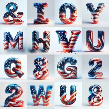 glass letters in color USA flag 3D Lettering Typeface. AI generated illustration