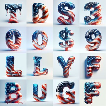 glass letters in color USA flag 3D Lettering Typeface. AI generated illustration