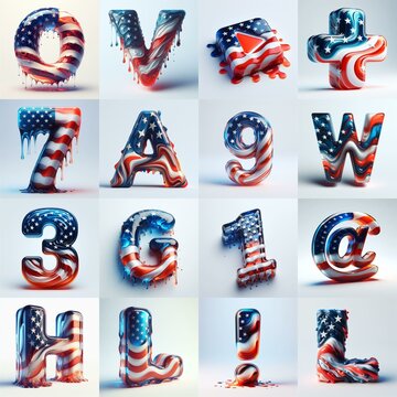 glass letters in color USA flag 3D Lettering Typeface. AI generated illustration