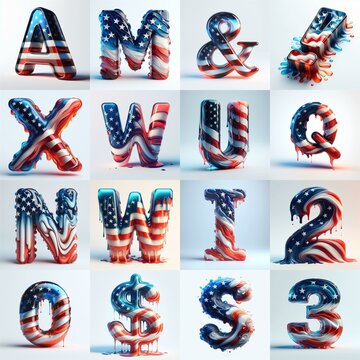 glass letters in color USA flag 3D Lettering Typeface. AI generated illustration