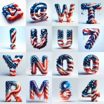 glass letters in color USA flag 3D Lettering Typeface. AI generated illustration
