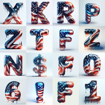 glass letters in color USA flag 3D Lettering Typeface. AI generated illustration