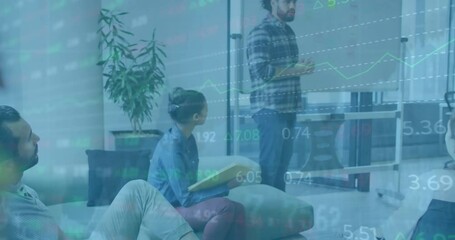 Poster - Animation of financial data processing over diverse business people in office