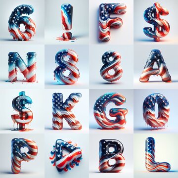 glass letters in color USA flag 3D Lettering Typeface. AI generated illustration