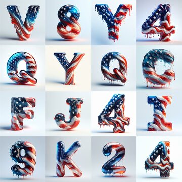 glass letters in color USA flag 3D Lettering Typeface. AI generated illustration