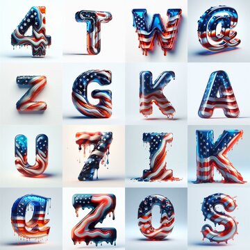 glass letters in color USA flag 3D Lettering Typeface. AI generated illustration