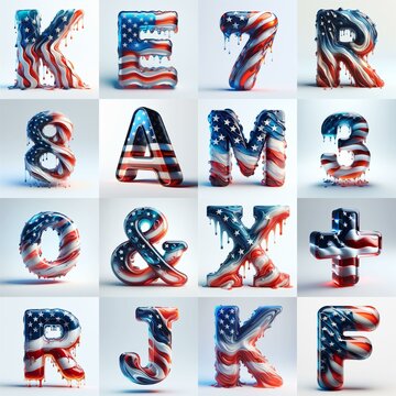 glass letters in color USA flag 3D Lettering Typeface. AI generated illustration