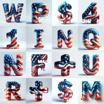 glass letters in color USA flag 3D Lettering Typeface. AI generated illustration