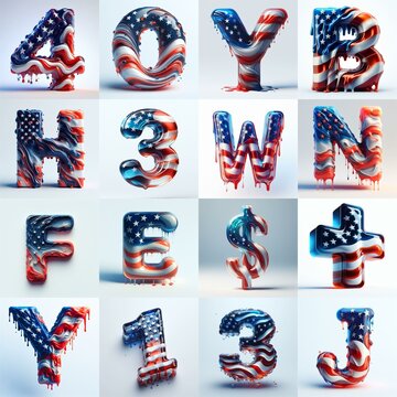 glass letters in color USA flag 3D Lettering Typeface. AI generated illustration