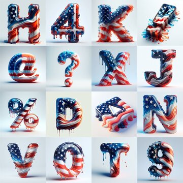 glass letters in color USA flag 3D Lettering Typeface. AI generated illustration