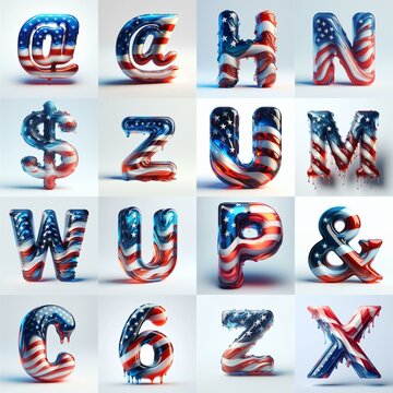 glass letters in color USA flag 3D Lettering Typeface. AI generated illustration