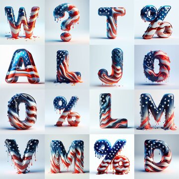 glass letters in color USA flag 3D Lettering Typeface. AI generated illustration
