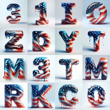 glass letters in color USA flag 3D Lettering Typeface. AI generated illustration