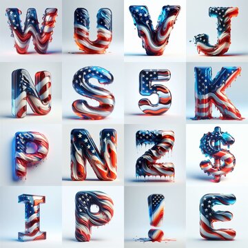 glass letters in color USA flag 3D Lettering Typeface. AI generated illustration