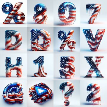 glass letters in color USA flag 3D Lettering Typeface. AI generated illustration