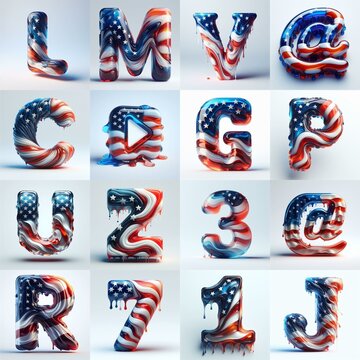 glass letters in color USA flag 3D Lettering Typeface. AI generated illustration