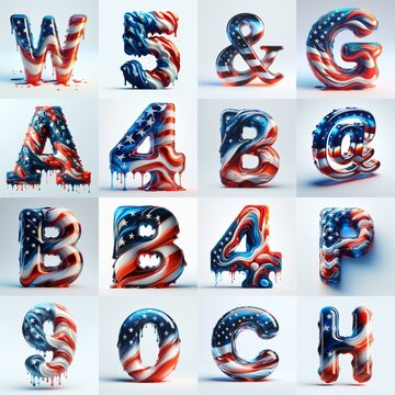 glass letters in color USA flag 3D Lettering Typeface. AI generated illustration